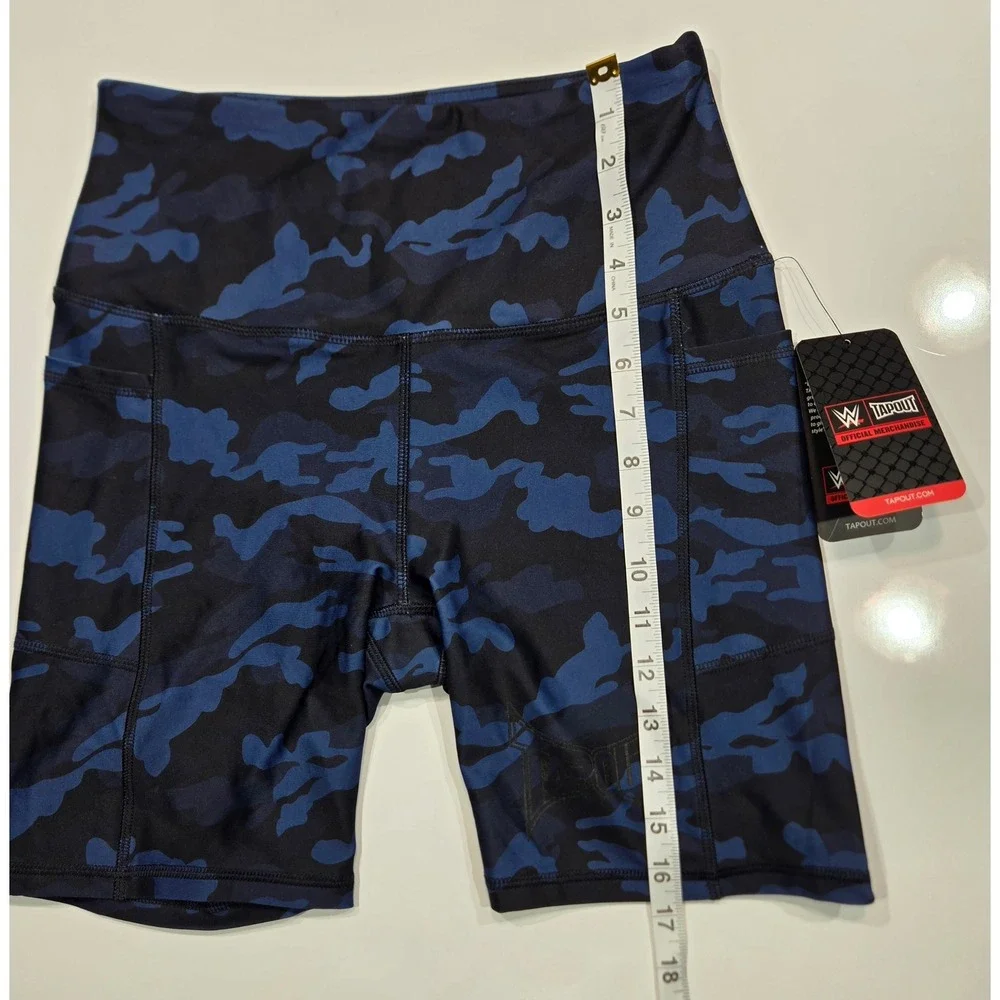 WWE Tapout Medium Blue Camo High Waist Pocket Bike Shorts Womens Activewear - Picture 7 of 8